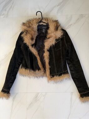 bebe Black Suede Jacket with Tan Faux-Fur Trim